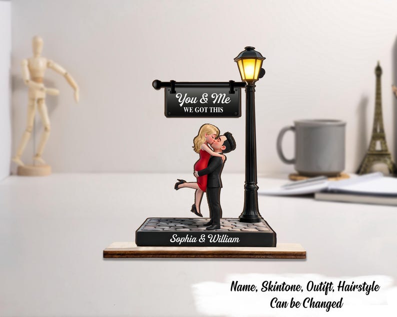 Romantic Couple Hugging Kissing Under Lamp Post Personalized 2-Layered Wooden Plaque Valentine's Day Gift, Couple Status Figurine Gift