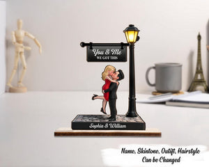 Romantic Couple Hugging Kissing Under Lamp Post Personalized 2-Layered Wooden Plaque Valentine's Day Gift, Couple Status Figurine Gift