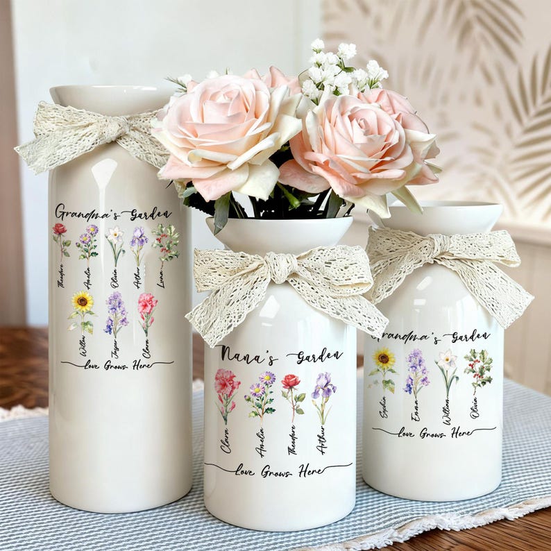 Personalized Grandma's Garden Vase, Custom Birth Flower Vase, Mothers Day Gift for Nana, Gift from Grandkids, Ceramic Flower Pot, Nanny