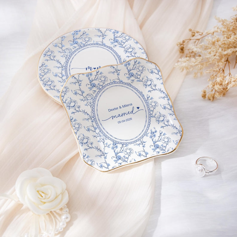 Personalized Wedding Ring Dish, Toile Couple Ring Dish, Married Gift for Best Friend, Engagement Proposal Gift for Couple Bridal Shower Gift