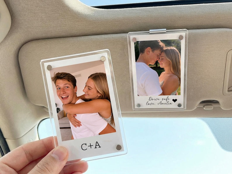 Personalized Couple Photo Car Visor Clip with Drive Safe Message, Unique Romantic Car Accessory Gift for Boyfriend