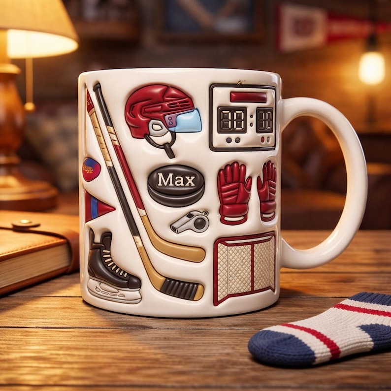 Personalized Hockey Mug, Ice Rink Ceramic Coffee Cup, Custom Name Sports Gift