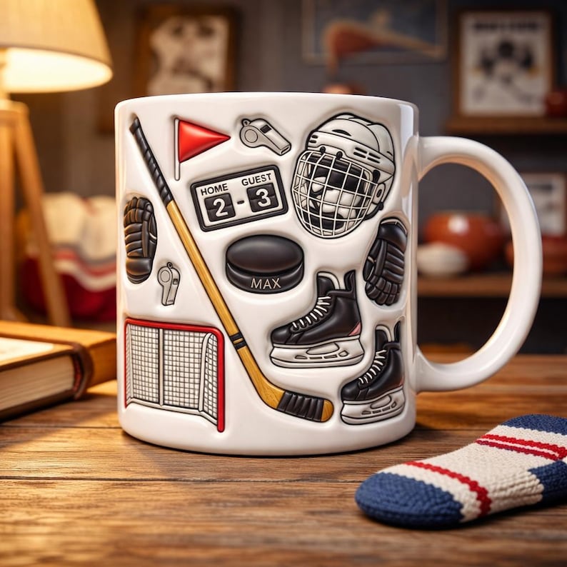 Personalized Hockey Mug, Ice Rink Ceramic Coffee Cup, Custom Name Sports Gift