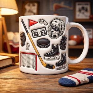 Personalized Hockey Mug, Ice Rink Ceramic Coffee Cup, Custom Name Sports Gift
