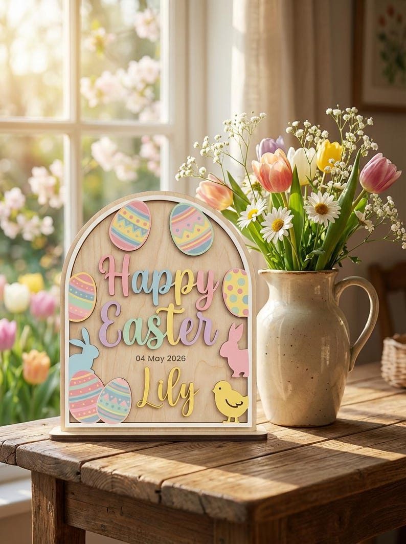 Easter Wood Decor Sign Custom Name Date Easter Plaque Kids First Easter Gift Nursery Spring Tabletop Decor Arched Bunny Wood Sign