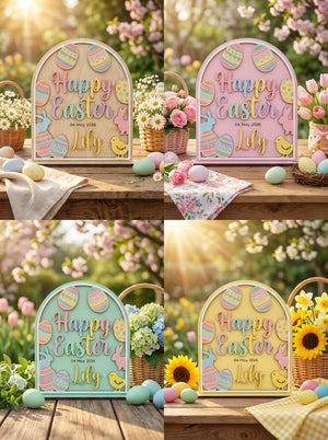 Easter Wood Decor Sign Custom Name Date Easter Plaque Kids First Easter Gift Nursery Spring Tabletop Decor Arched Bunny Wood Sign