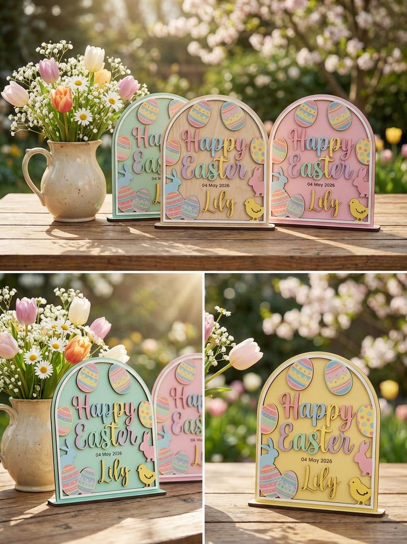 Easter Wood Decor Sign Custom Name Date Easter Plaque Kids First Easter Gift Nursery Spring Tabletop Decor Arched Bunny Wood Sign