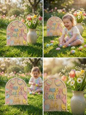 Easter Wood Decor Sign Custom Name Date Easter Plaque Kids First Easter Gift Nursery Spring Tabletop Decor Arched Bunny Wood Sign
