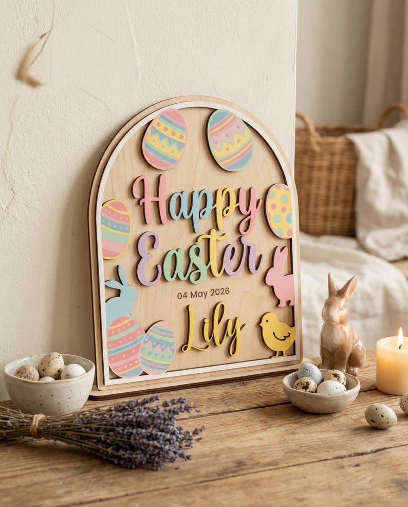 Easter Wood Decor Sign Custom Name Date Easter Plaque Kids First Easter Gift Nursery Spring Tabletop Decor Arched Bunny Wood Sign