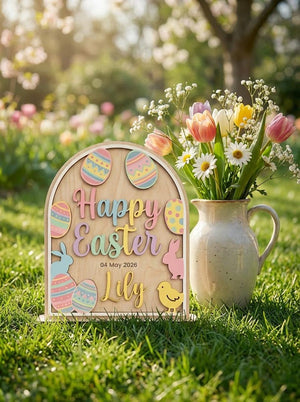 Easter Wood Decor Sign Custom Name Date Easter Plaque Kids First Easter Gift Nursery Spring Tabletop Decor Arched Bunny Wood Sign