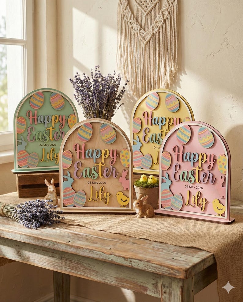 Easter Wood Decor Sign Custom Name Date Easter Plaque Kids First Easter Gift Nursery Spring Tabletop Decor Arched Bunny Wood Sign