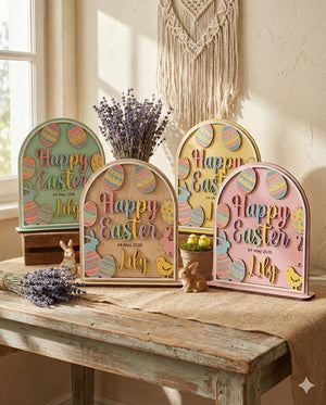 Easter Wood Decor Sign Custom Name Date Easter Plaque Kids First Easter Gift Nursery Spring Tabletop Decor Arched Bunny Wood Sign