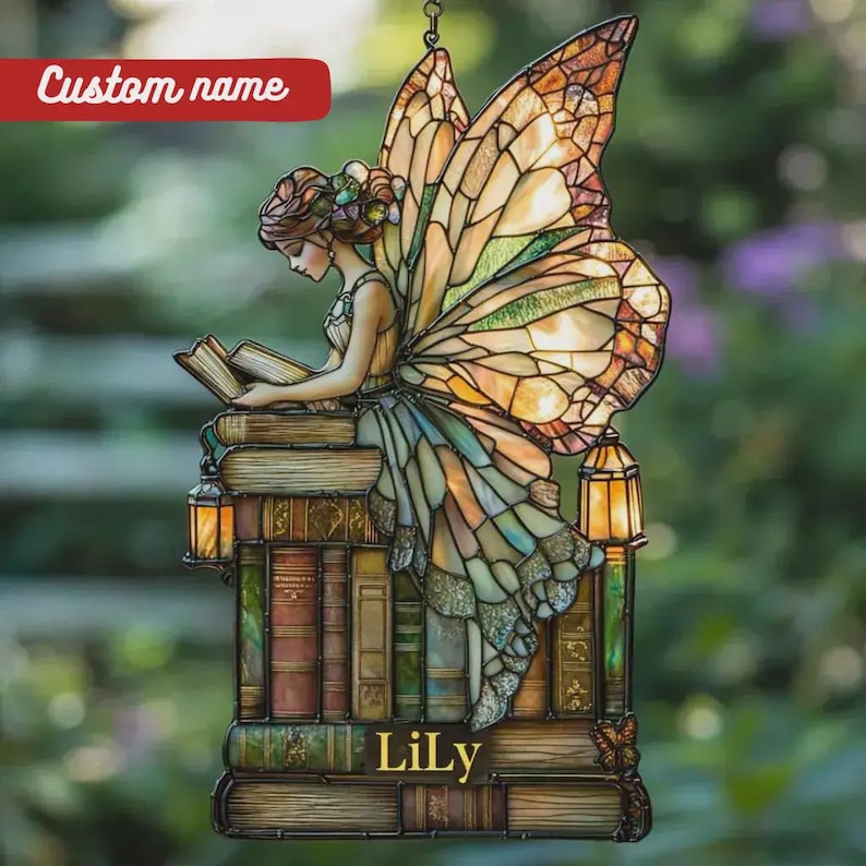 Enchanting Fairy Reading Book Suncatcher, Acrylic Window Hanging Art, Unique Book Lover Gift, Garden Decor