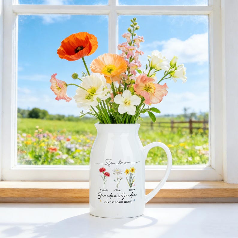 Personalized Grandma's Garden Vase, Birth Flower Vase, Gift for Mom Nana, Mothers Day Gift from Kids Grandkids, Ceramic Flower Vase