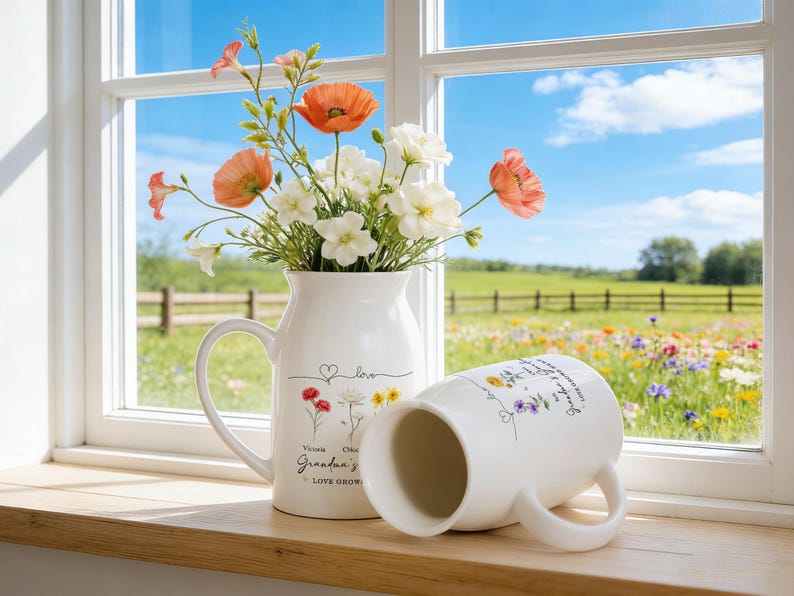 Personalized Grandma's Garden Vase, Birth Flower Vase, Gift for Mom Nana, Mothers Day Gift from Kids Grandkids, Ceramic Flower Vase
