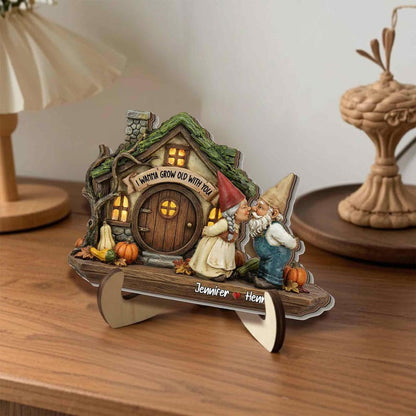 Personalized Gnome Couple Plaque, Growing Old Together Name Sign, Custom Couple Standing Wood Sign, Romantic Anniversary Gift for Couples
