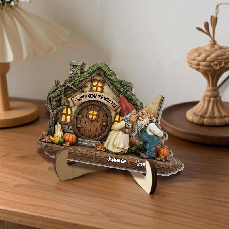 Personalized Gnome Couple Plaque, Growing Old Together Name Sign, Custom Couple Standing Wood Sign, Romantic Anniversary Gift for Couples