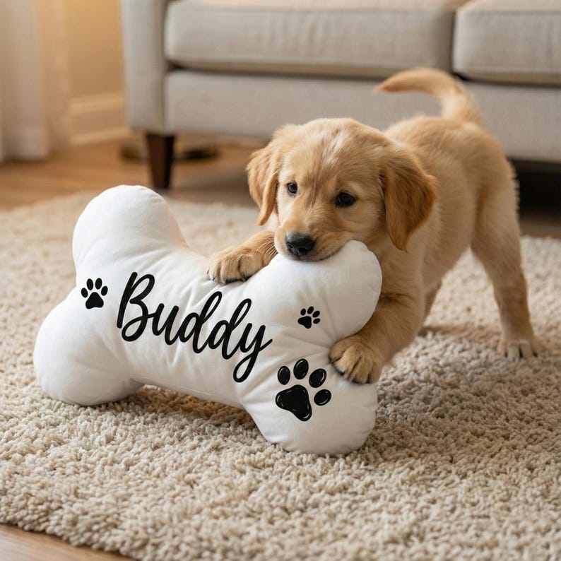 Personalized Dog Bone Pillow: Custom Name Print, Paw Pattern, White Plush Pillow