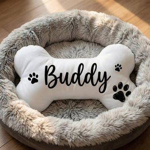Personalized Dog Bone Pillow: Custom Name Print, Paw Pattern, White Plush Pillow