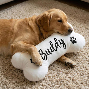 Personalized Dog Bone Pillow: Custom Name Print, Paw Pattern, White Plush Pillow