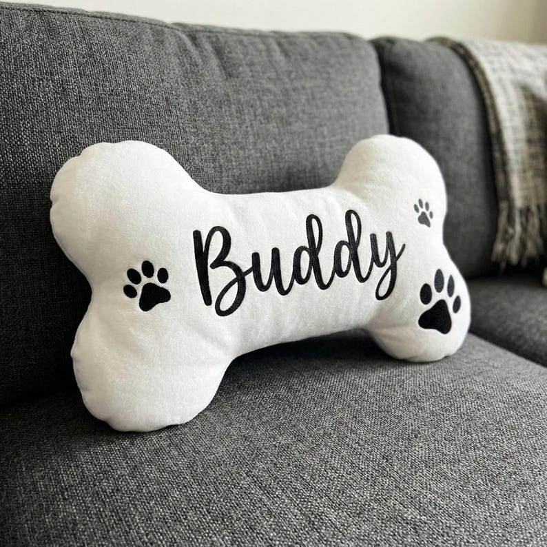 Personalized Dog Bone Pillow: Custom Name Print, Paw Pattern, White Plush Pillow