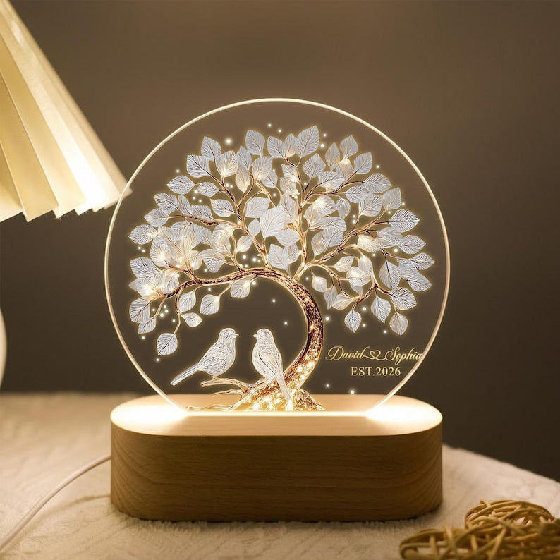 Custom Tree Of Love Couples Night Light, Couples Bird Name Led Light, Romantic Gift For Couples, Couples Anniversary Gift, Wedding Led Light