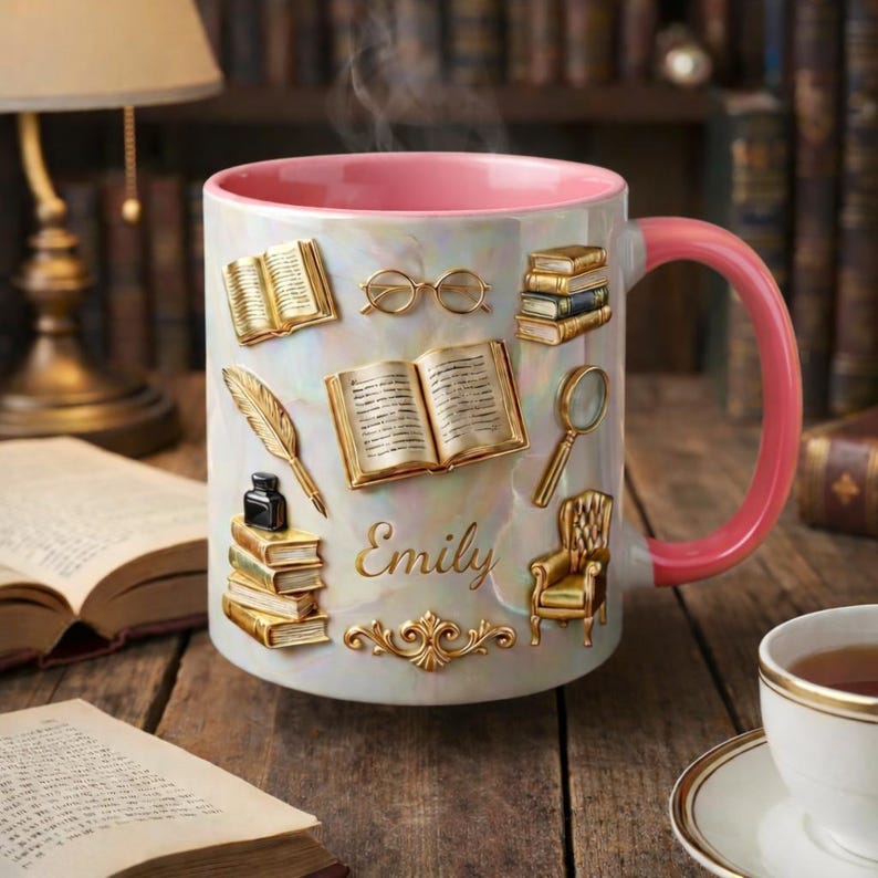 Personalized Book Lover Mug, Custom Name Library Mug, Vintage Literary Coffee Cup, Bookish Aesthetic Mug for Readers, Gift for Bookworms