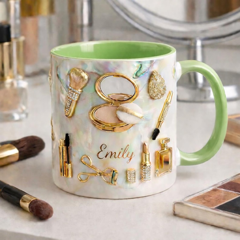 Personalized Makeup Lover Mug, Custom Name Beauty Coffee Cup, Luxury Gold Cosmetics Mug, Glam Feminine Mug Gift for Her