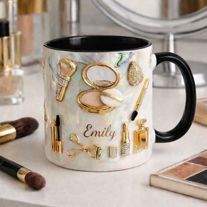 Personalized Makeup Lover Mug, Custom Name Beauty Coffee Cup, Luxury Gold Cosmetics Mug, Glam Feminine Mug Gift for Her
