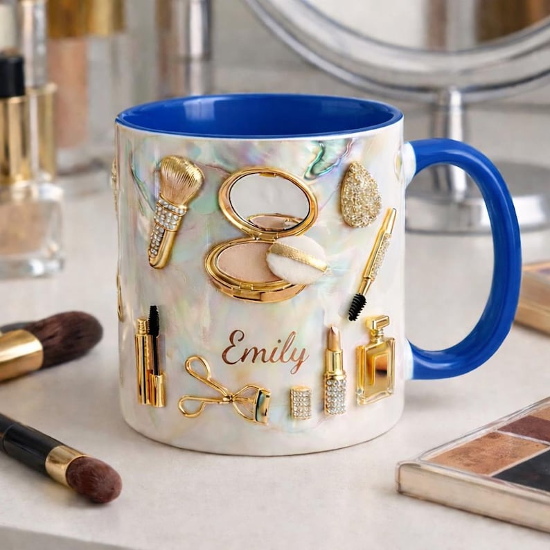 Personalized Makeup Lover Mug, Custom Name Beauty Coffee Cup, Luxury Gold Cosmetics Mug, Glam Feminine Mug Gift for Her