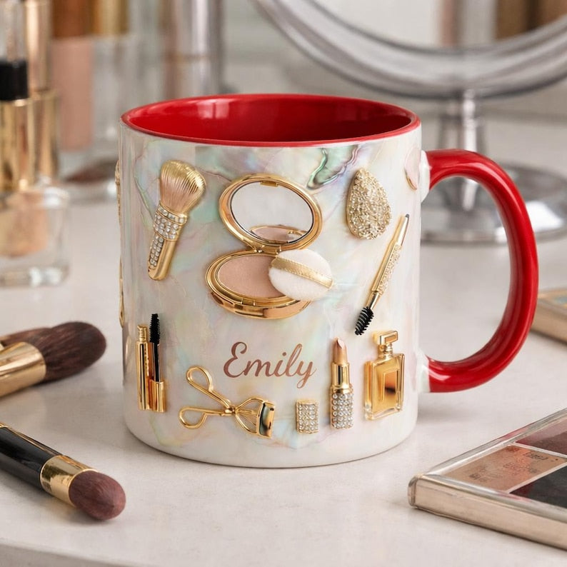 Personalized Makeup Lover Mug, Custom Name Beauty Coffee Cup, Luxury Gold Cosmetics Mug, Glam Feminine Mug Gift for Her