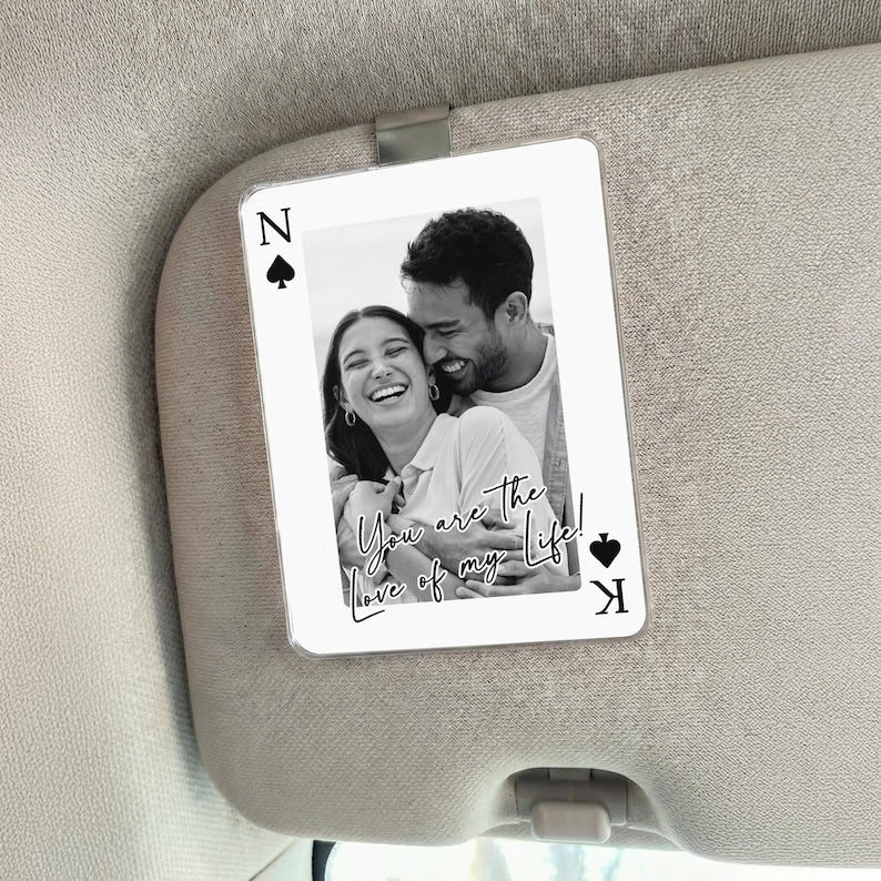 Personalized Couple Photo Car Visor Clip, Drive Safe I Love You, Valentines Gift for Him, Couple Playing Card Visor Clip Gifts for Boyfriend