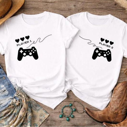 Gamer Couple Matching Shirts, Player 1 and Player 2 Tee, Gaming Valentine Matching Tshirt, Game Console Controller design gifts for couples