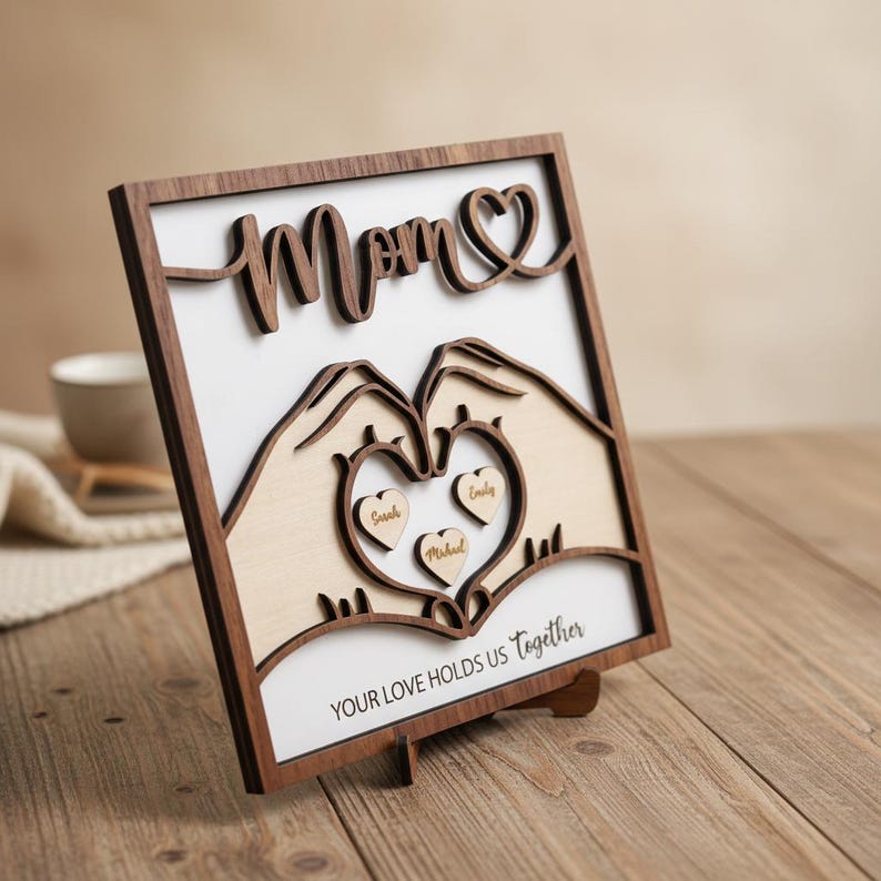 Personalized Mom Family Wood Sign, Custom Names Heart Hands Design, Mother s Day Gift for Mom, Family Home Decor Keepsake