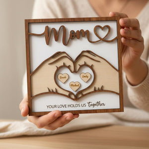 Personalized Mom Family Wood Sign, Custom Names Heart Hands Design, Mother s Day Gift for Mom, Family Home Decor Keepsake