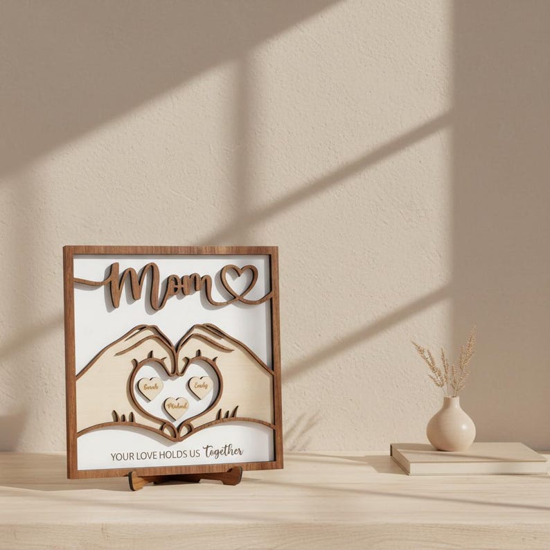 Personalized Mom Family Wood Sign, Custom Names Heart Hands Design, Mother s Day Gift for Mom, Family Home Decor Keepsake