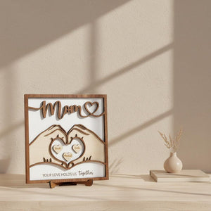 Personalized Mom Family Wood Sign, Custom Names Heart Hands Design, Mother s Day Gift for Mom, Family Home Decor Keepsake