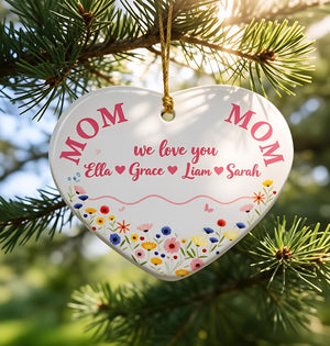 We Love You Mom Personalized Heart Ornament, Custom Names Wildflower Ceramic Keepsake, Mom Birthday Gift from Kids, Mother's Day Home Decor