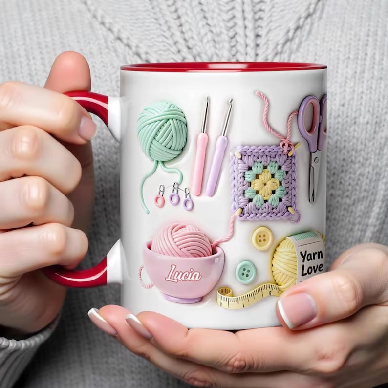 3D Inflated Effect Yarn Love Mug, Personalized Crochet Mug, Knitting Lover Gifts, Gift For Crafters, Crochet Lover Accent Coffee Mug