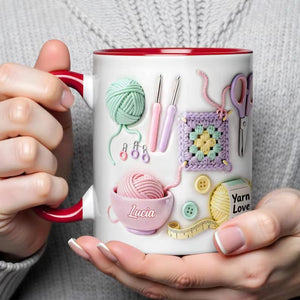 3D Inflated Effect Yarn Love Mug, Personalized Crochet Mug, Knitting Lover Gifts, Gift For Crafters, Crochet Lover Accent Coffee Mug