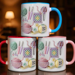 3D Inflated Effect Yarn Love Mug, Personalized Crochet Mug, Knitting Lover Gifts, Gift For Crafters, Crochet Lover Accent Coffee Mug