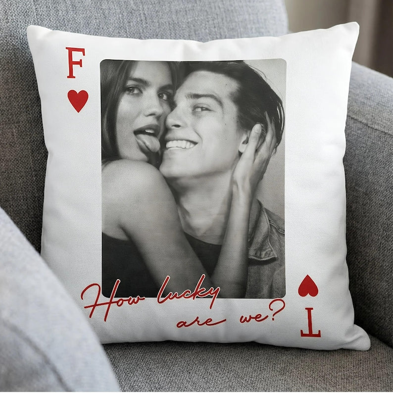 Custom Couple Photo Lucky Us Pillow, Personalized Portrait Pillow, Valentine Portrait Cushion, Wedding Engagement Anniversary Gift For Her