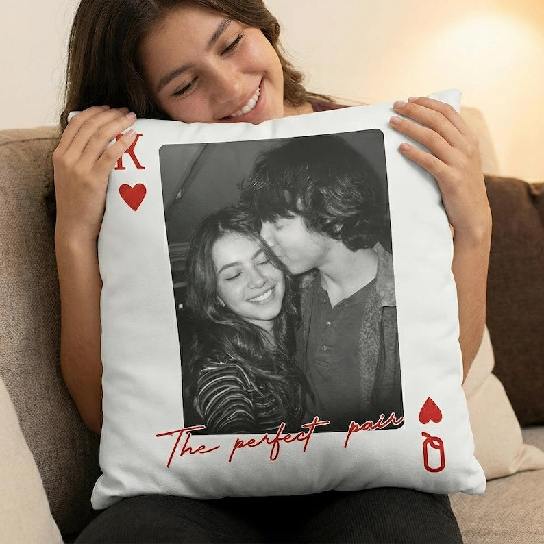 Custom Couple Photo Lucky Us Pillow, Personalized Portrait Pillow, Valentine Portrait Cushion, Wedding Engagement Anniversary Gift For Her