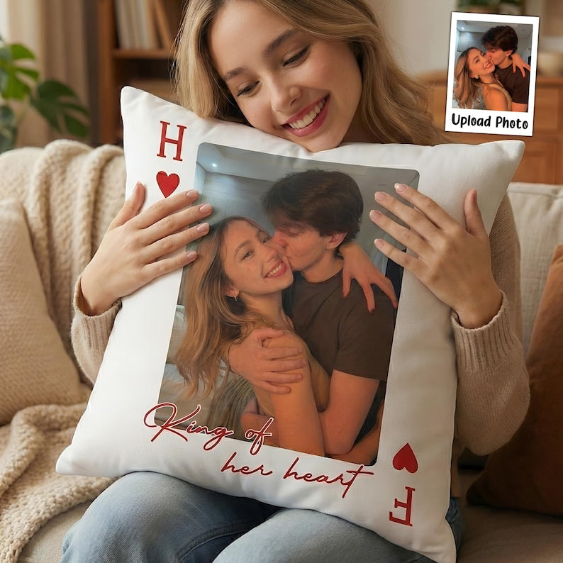 Custom Couple Photo Lucky Us Pillow, Personalized Portrait Pillow, Valentine Portrait Cushion, Wedding Engagement Anniversary Gift For Her
