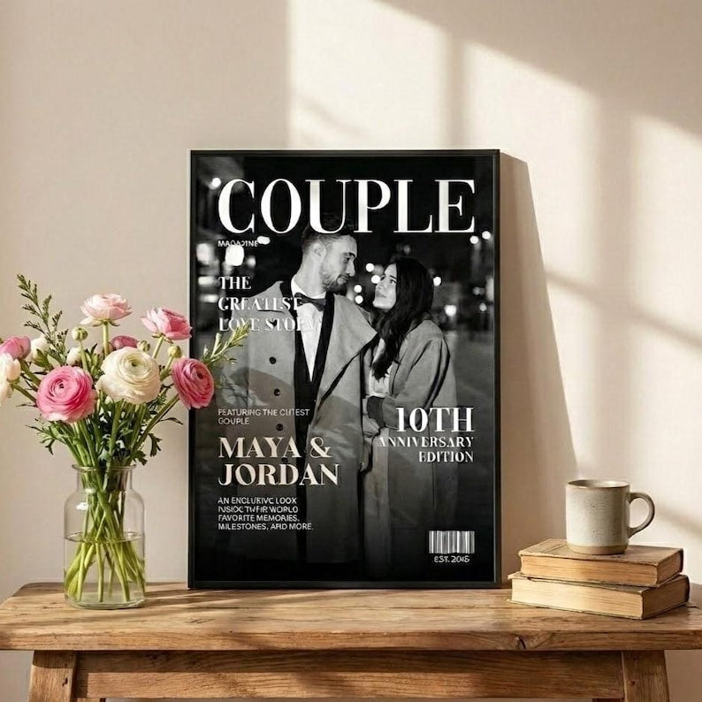 Personalized Couple Magazine Poster/Canvas, Custom Photo Wall Art, Wedding Anniversary Gift, Valentine Gift for Him & Her
