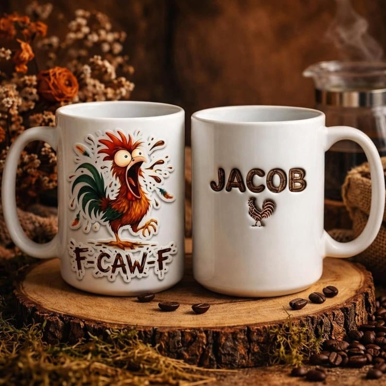Personalized F Caw F Chicken Mug Funny Rooster Coffee Cup, Custom Name Mug, Chicken Lover Gift, Farmer Humor Mug, Gag Gift