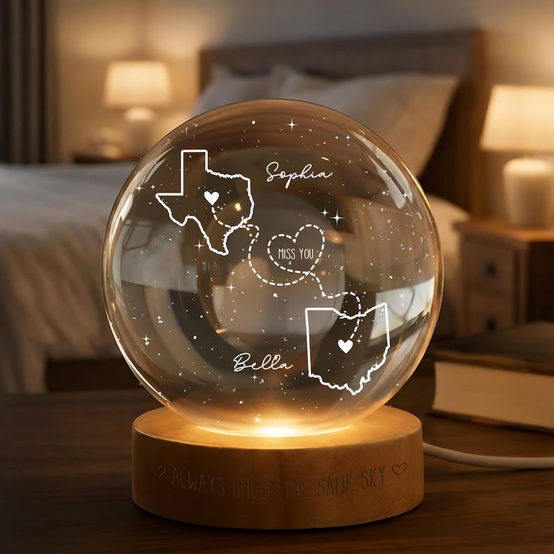 Custom Two-State Map Crystal Ball Night Light, Long Distance Relationship Gifts, Custom Gift for Best Friend, Valentines Day Gift for Couple