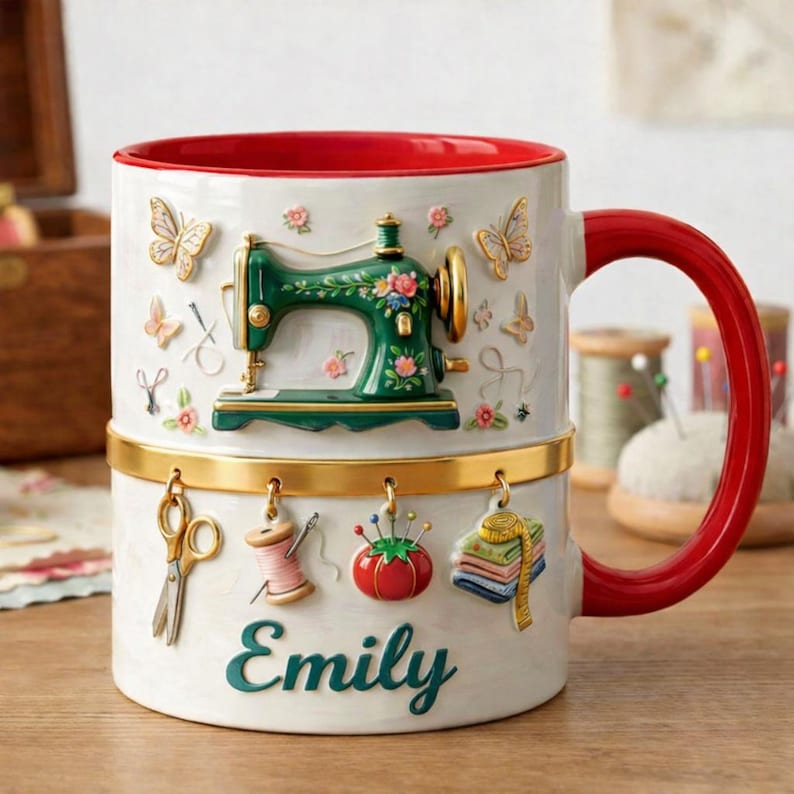 Sewing Machine Accent Mug, Personalized Craft Coffee Mug, Cute Sewing Lover Gift, Handmade Style Mug
