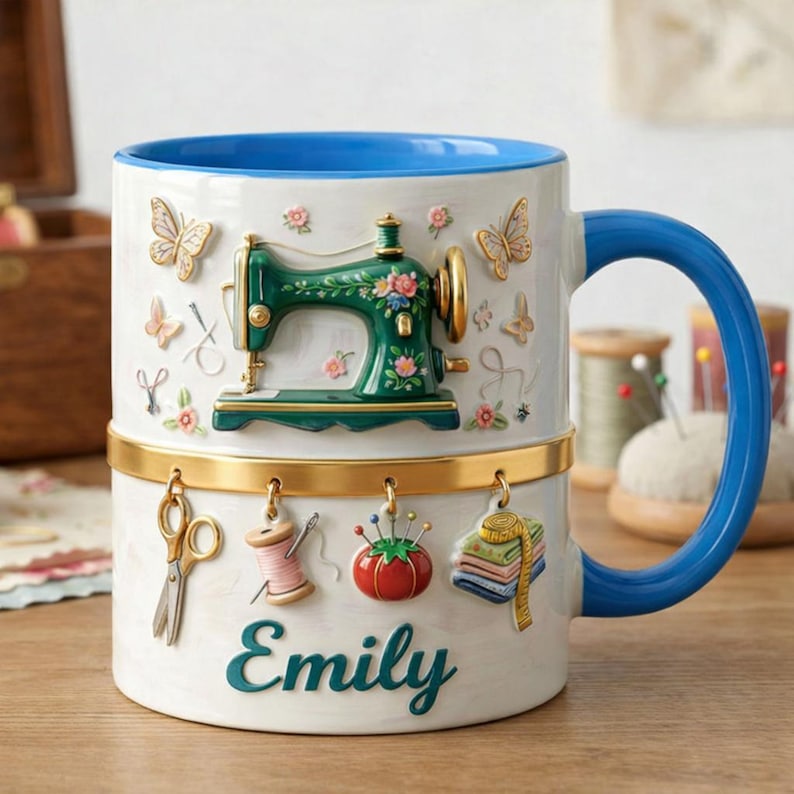 Sewing Machine Accent Mug, Personalized Craft Coffee Mug, Cute Sewing Lover Gift, Handmade Style Mug