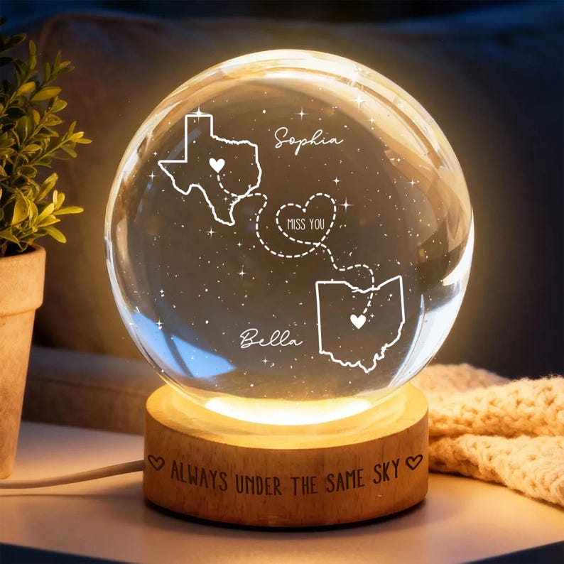 Custom Two-State Map Crystal Ball Night Light, Long Distance Relationship Gifts, Custom Gift for Best Friend, Valentines Day Gift for Couple